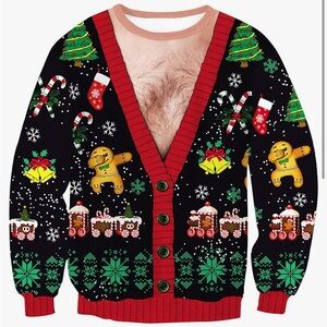Men’s hairy chest funny ugly Christmas long sleeve size xl NWOT